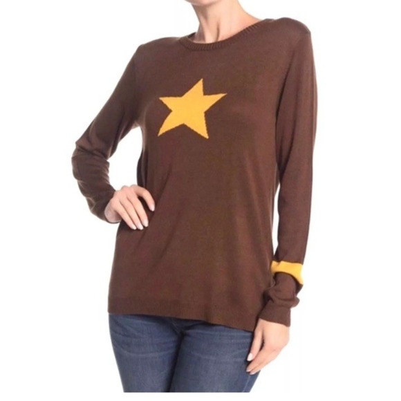 Magaschoni Sweater Womens Medium Brown Cashmere Blend Yellow Star Crewneck - Picture 1 of 6